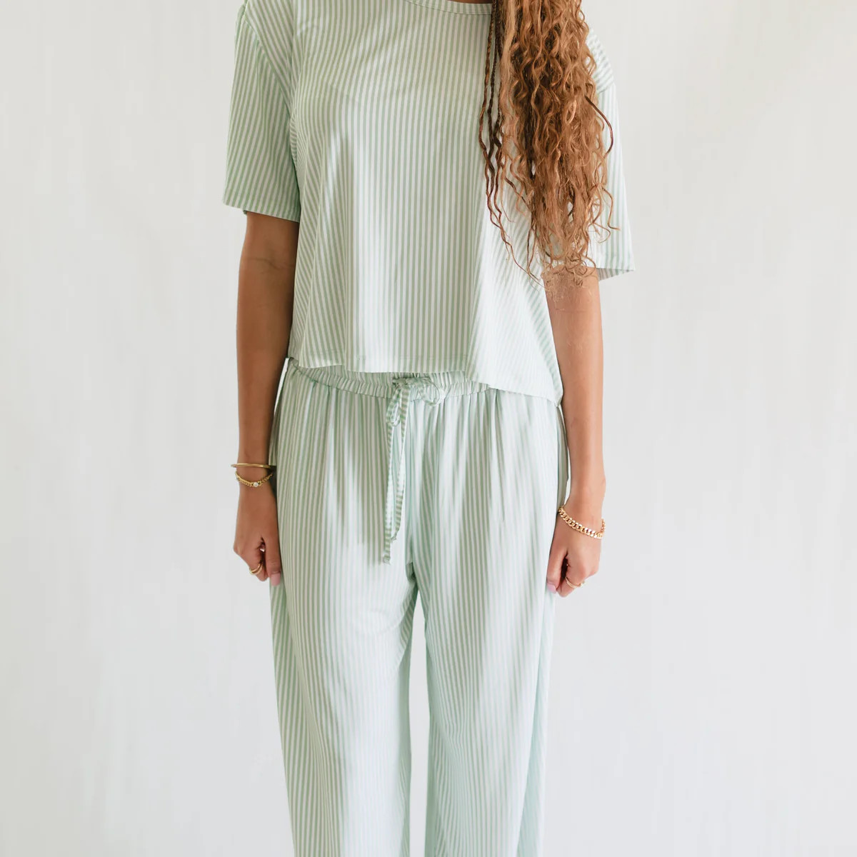 Women's T-Shirt and Pants Set in Meadow Bloom Pin Stripe | Silks Design