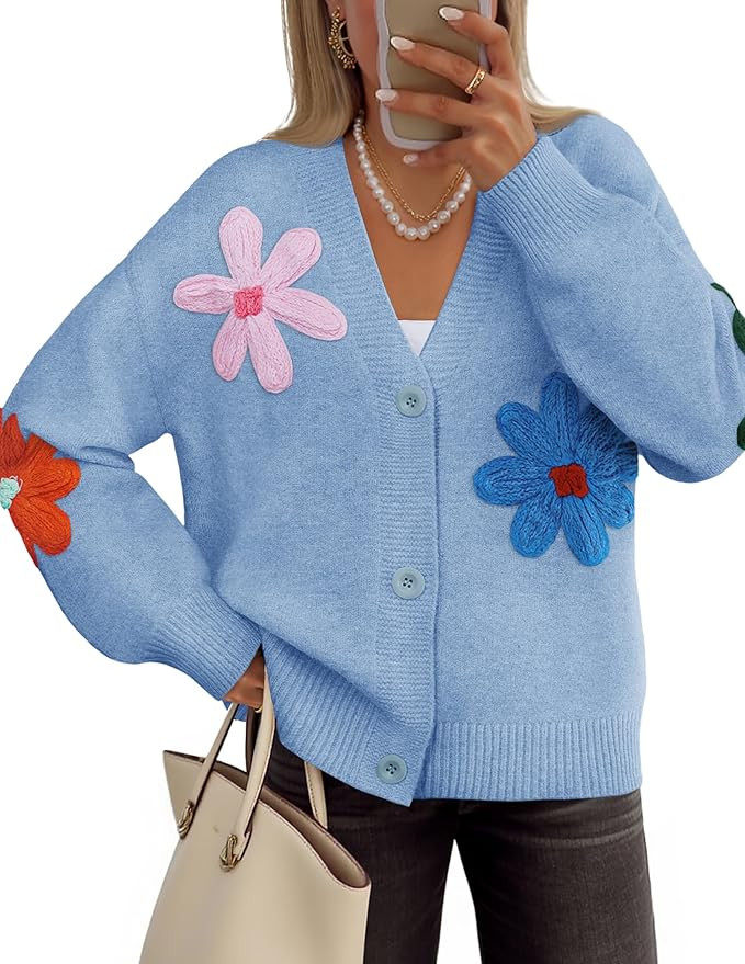 ZESICA Womens 2026 Spring Floral Cardigan Sweaters Casual Long Sleeve Open Front Button Down V Ne... | Amazon (US)