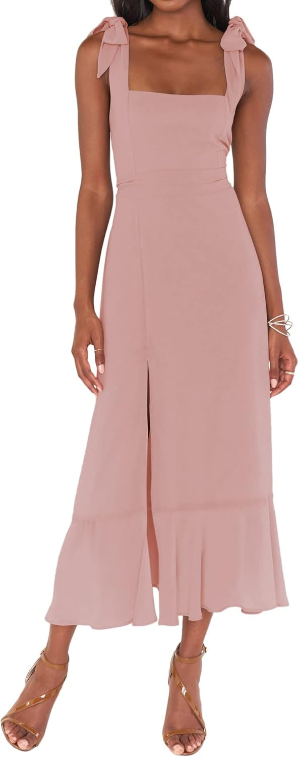 Women's Elegant Bridesmaid Dresses Square Neck Ruffle Split Midi Formal Dress for Wedding Guest C... | Amazon (US)