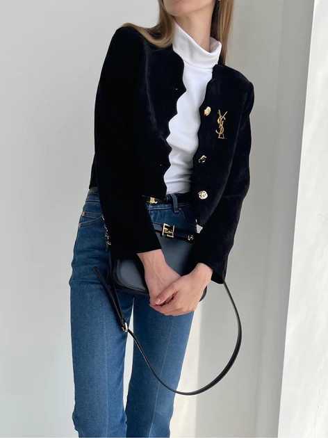 Amara Velvet Scallop Edge Jacket | Black | Vita Grace