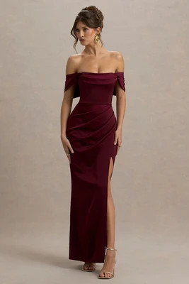 Annie | Burgundy Satin Bardot Maxi Dress With Split Wrap Skirt | Club L London