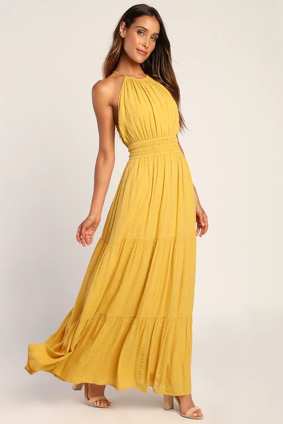 Divine Display Mustard Swiss Dot Lurex Tiered Halter Maxi Dress | Lulus (US)