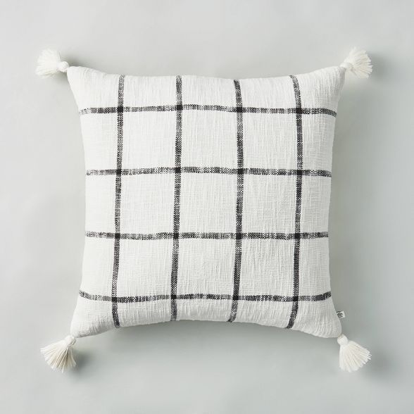 24" x 24" Woven Slub Checkered Throw Pillow with Tassels Gray/Sour Cream - Hearth & Hand™ with ... | Target