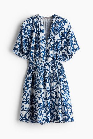 Smocked-detail Dress - White/blue patterned - Ladies | H&M US | H&M (US + CA)