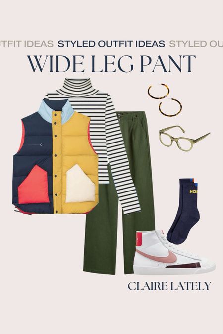 How to wear the favorite Madewell Wide Leg Sailor Pant - the great colorblock puffer vest, stripe turtleneck layer, playful socks and hoop earrings, high top blazer sneakers, coordinating glasses/sunglasses 
Love, Claire Lately 

Casual Friday at the office, work from home, or elevated casual weekend winter outfit idea 


#LTKstyletip #LTKSeasonal #LTKover40