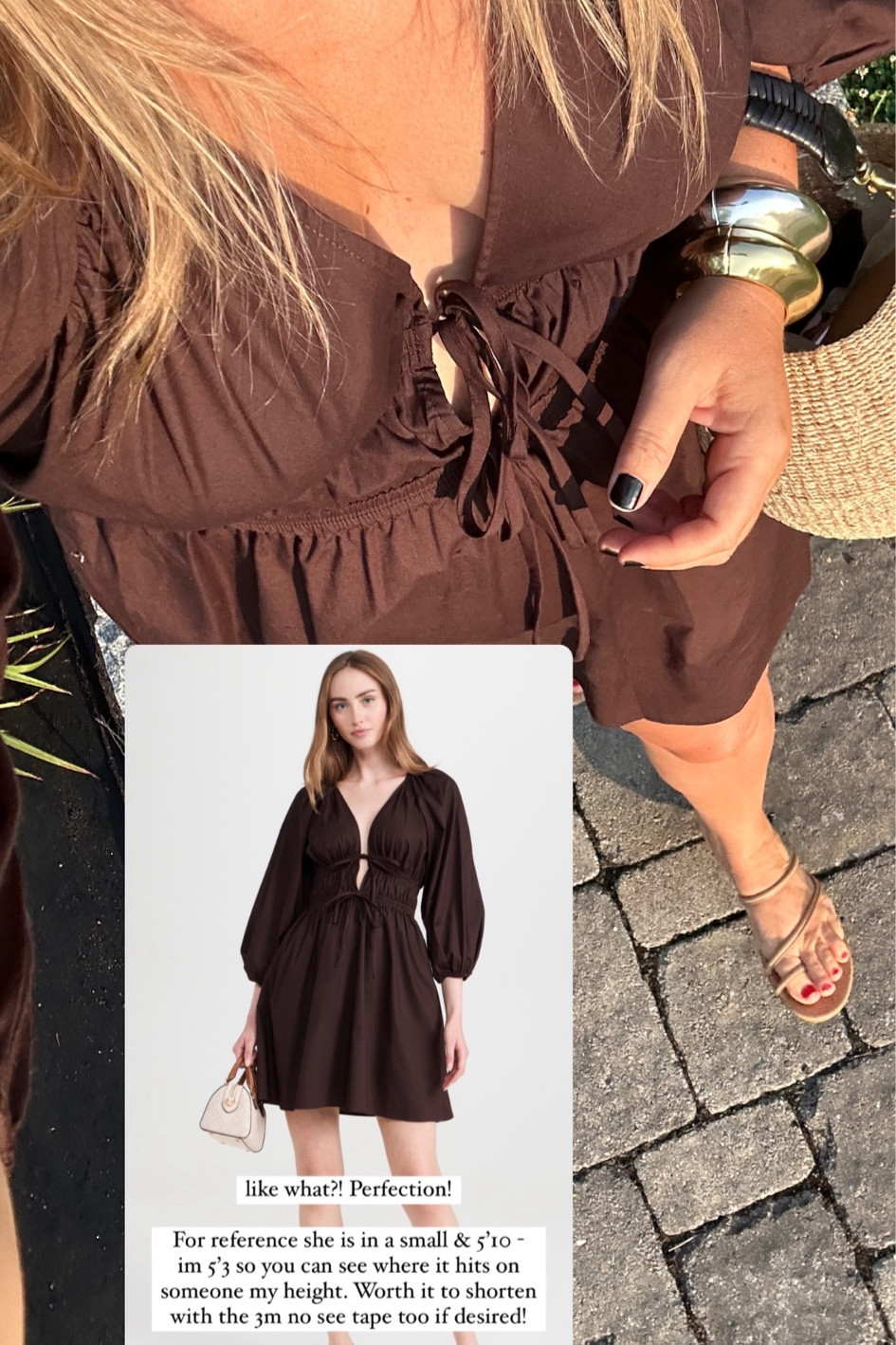 This espresso color dress is 100% cotton ( like a poplin feel) and so comfy! Ties are adjustable. Seen here in direct light and true color is more of listing photo

 Size & fit: im 5’3 and i wear a medium- true to size with stretchy waist seams. Dont size down but if inbetween you could go with your smaller size ( im always inbetween a medium and large) 

I just have my nipple covers (cakes)  on ( theyre on sale!!!) - its oddly supportive to small- medium sized boobs ! 

If you’re short like me and want it shorter try the 3m no sew permanent hem tape- so good! I like the just above knee length rise overall for occassions. 

#LTKFindsUnder100 #LTKWedding #LTKSeasonal