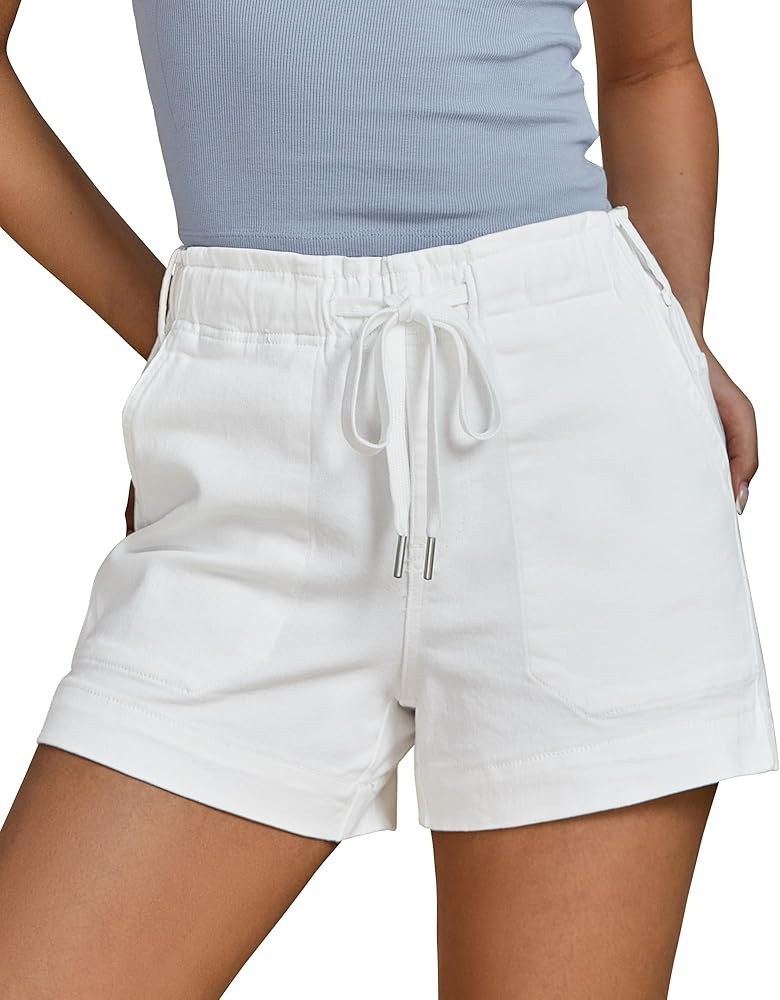 luvamia Jean Shorts for Women High Waisted Pull On Drawstring Elastic Waist Trendy Stretchy Denim... | Amazon (US)