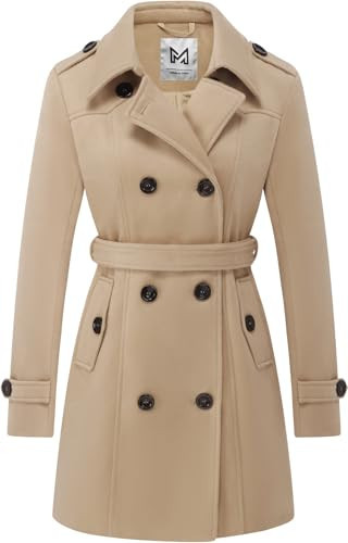 KVE Women's Classic Double Breasted Pea Coat Winter Mid-Long Slim Trench Coat with Belt Khaki Large | Amazon (US)