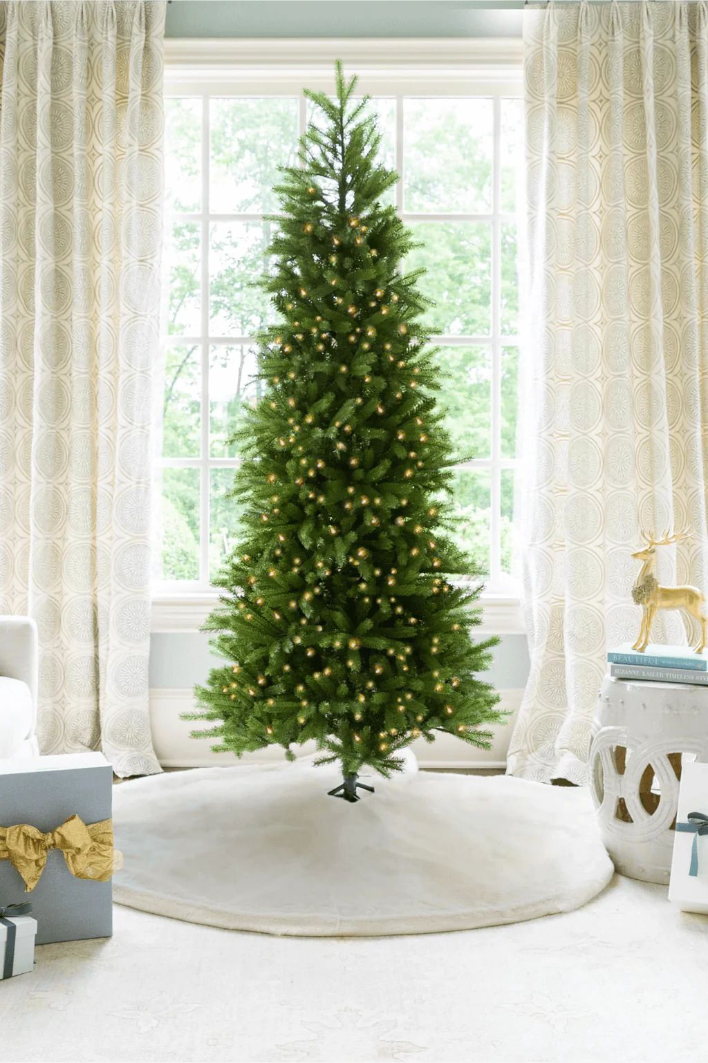 7.5' King Fraser Fir Slim Artificial Christmas Tree with 750 Dual Color Warm White & Multi-Color ... | King of Christmas