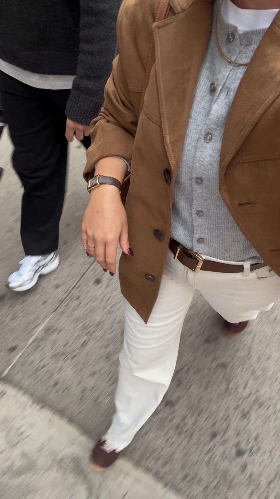 Autumn New York City outfit inspiration - H&M tan brown faux suede blazer, grey Stradivarius cardigan, brown mango belt, Aligne white straight leg jeans, adidas brown trainers, Monica vinader snake chain necklace  

#LTKstyletip #LTKautumn #LTKuk
