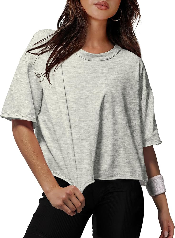 XIEERDUO Cotton Tshirts for Women Drop Shoulder Round Neck Oversized Crop Tops Workout Tops Tees | Amazon (US)