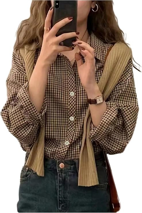 SweatyRocks Women's Plaid Button Down Shirts Long Sleeve Collared Blouses | Amazon (US)