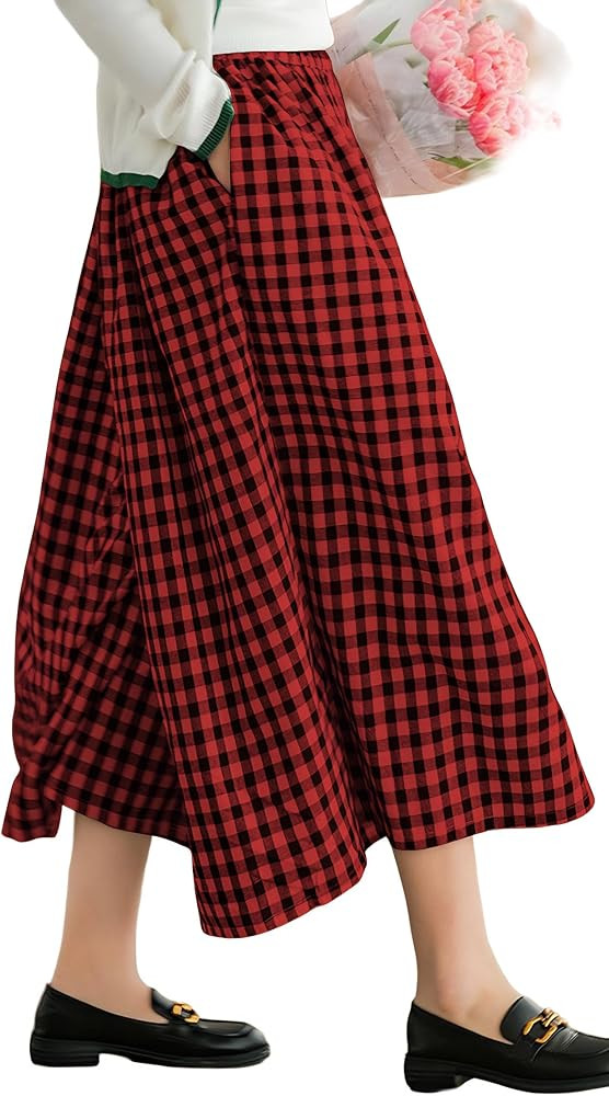 FaroDor Women Gingham Culottes Wide Leg Palazzo Pants Elastic Waist Plaid Capri with Pocket | Amazon (US)