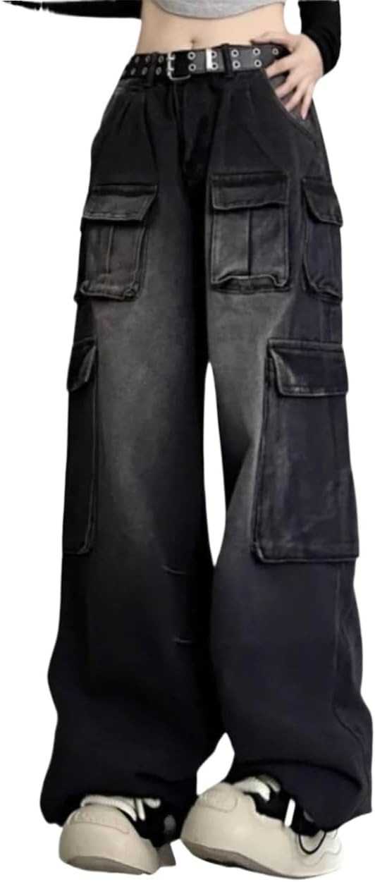 POHADON Cargo Jeans for Women Straight Wide Leg Baggy Denim Pants Flap Pocket Relaxed Fit Streetw... | Amazon (US)