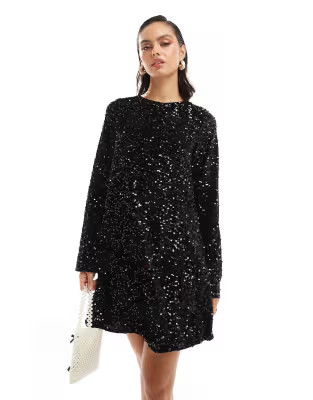 Pieces sequin mini dress with ribbon bow back in black | ASOS (Global)