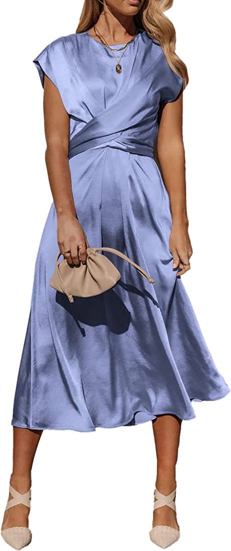 Women’s Formal Belted Silk Dress High Waist Short Sleeve Midi Dress | Amazon (US)