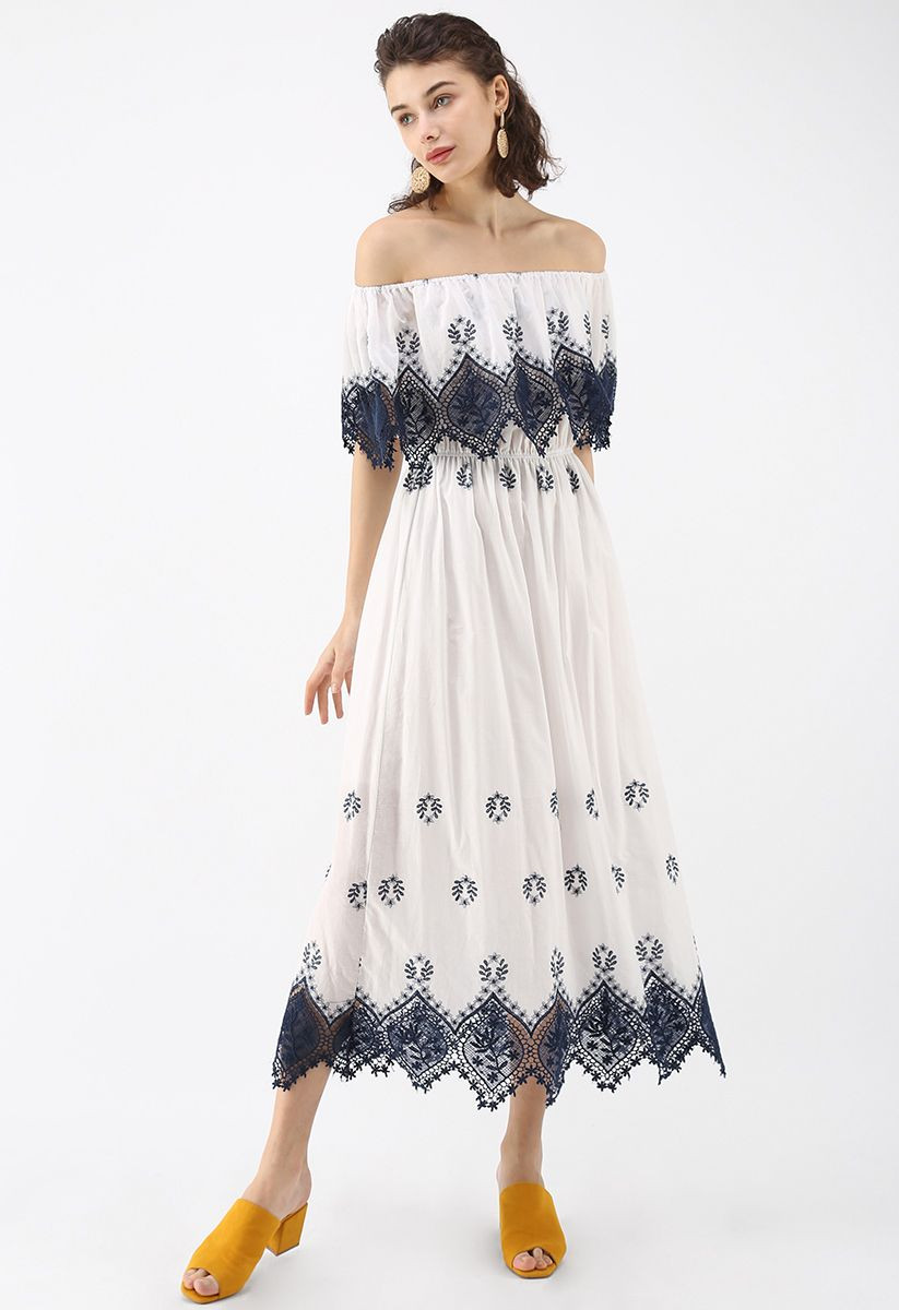 Lacey Flair Off-Shoulder Midi Dress with Navy Crochet | Chicwish