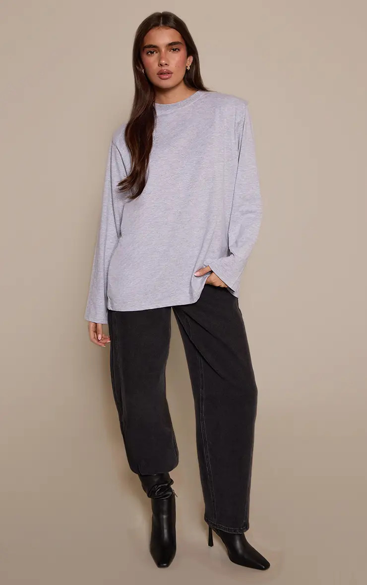Grey Cotton Shoulder Pad Long Sleeve Oversized T-Shirt | PrettyLittleThing UK