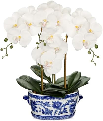Briful Orchid Artificial Flowers in Blue and White Porcelain Pot 19.7" White Faux Silk Orchid Arr... | Amazon (US)