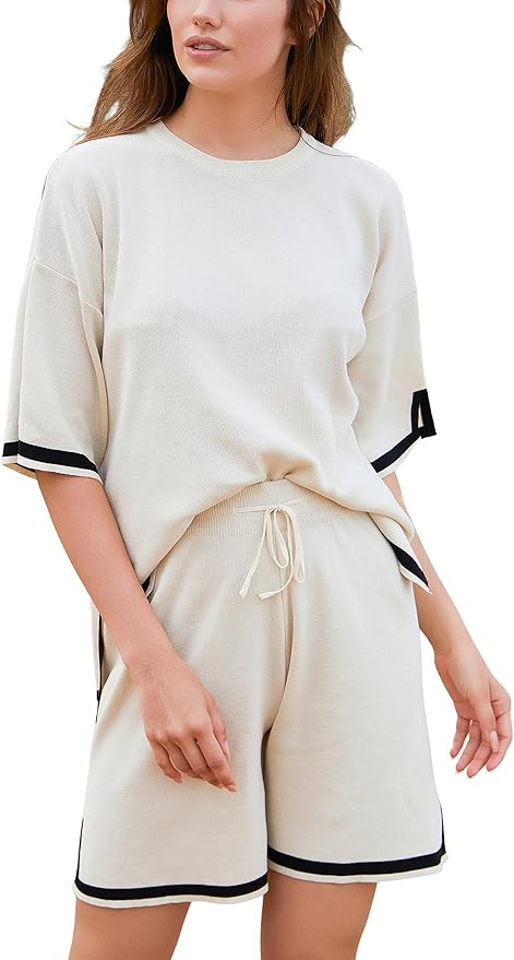 Tanming Womens Two Piece Outfits Sweater Short Sets Knit Tops and Shorts Lounge Sets Tracksuits | Amazon (US)