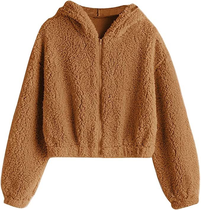 ZAFUL Women's Hooded Zip Up Faux Shearling Fluffy Teddy Jacket Coat (1-Caramel, M) at Amazon Wome... | Amazon (US)