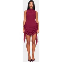 Burgundy Chiffon Boat Neck Drape Detail Mini Dress | PrettyLittleThing US