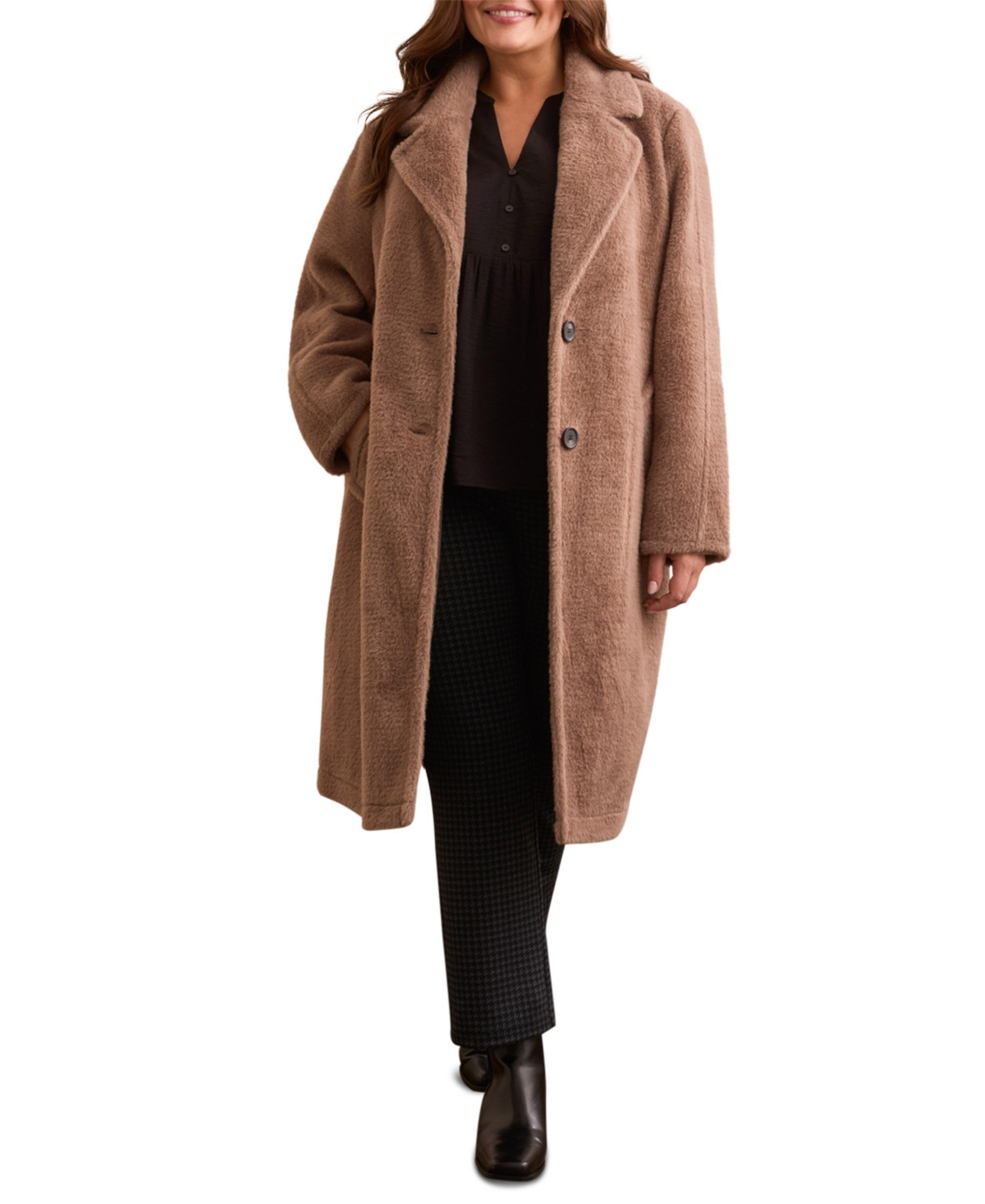 Tribal Plus Size Teddy Faux Fur Button-Front Coat - Fossil | Macy's