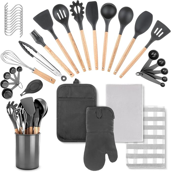 37 Pcs Oven Mitts and Pot Holders with Silicone Kitchen Utensils Set Silicone Cooking Utensils Se... | Amazon (US)
