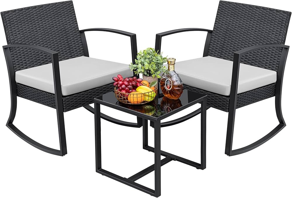 Greesum 3 Piece Patio Furniture Set, All-Weather Imitation Rattan Conversation Set, Outdoor Rocki... | Amazon (US)