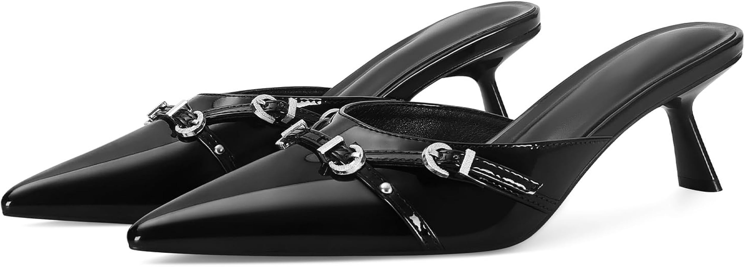 Kitten Heels for Women Pointed Toe Mules Dressy Sexy Strappy Hardware Slip on Stiletto Low Heel C... | Amazon (US)