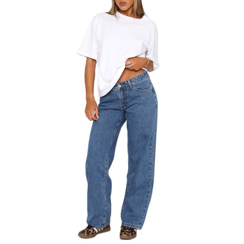 Women Y2k Low Rise Baggy Jeans Vintage Boyfriend Loose Fit Straight Wide Leg Jeans Casual Long De... | Amazon (US)
