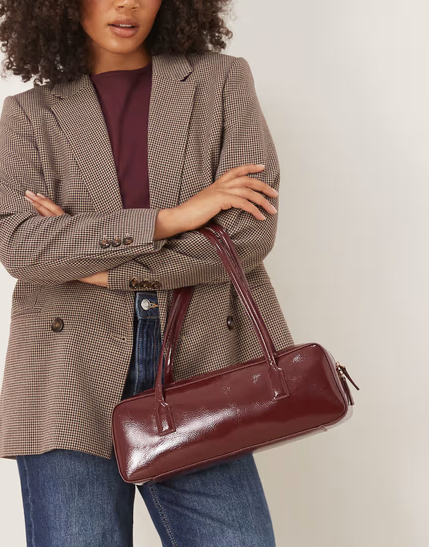 ASOS DESIGN patent elongated shoulder bag in burgundy-Brown | ASOS (Global)