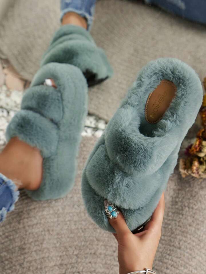 Women's Thick Bottom Height Increasing Milk Tea Brown Fashionable Furry Slippers For Indoor & Out... | SHEIN