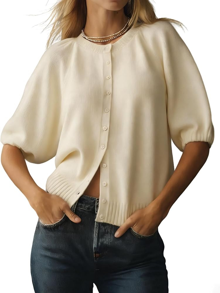 Women's Casual Short Puff Sleeves Crewneck Cardigan Button Down Knit Sweater Open Front Jumper | Amazon (US)