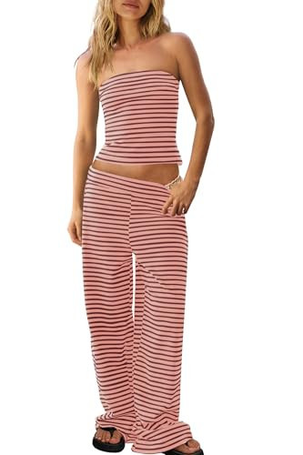 Panadila Womens Striped Two Piece Sets Summer Lounge Outfits Sailor Tube Top and Pants Matching Set Beach Vacation Travel Y2k (Dusty Pink Combo,S) | Amazon (US)