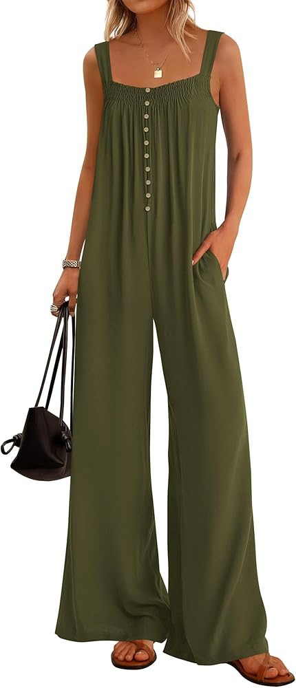 KIRUNDO Summer One Piece Jumpsuits For Women 2025 Casual Loose Button Sleeveless Romper Knit Wide... | Amazon (US)
