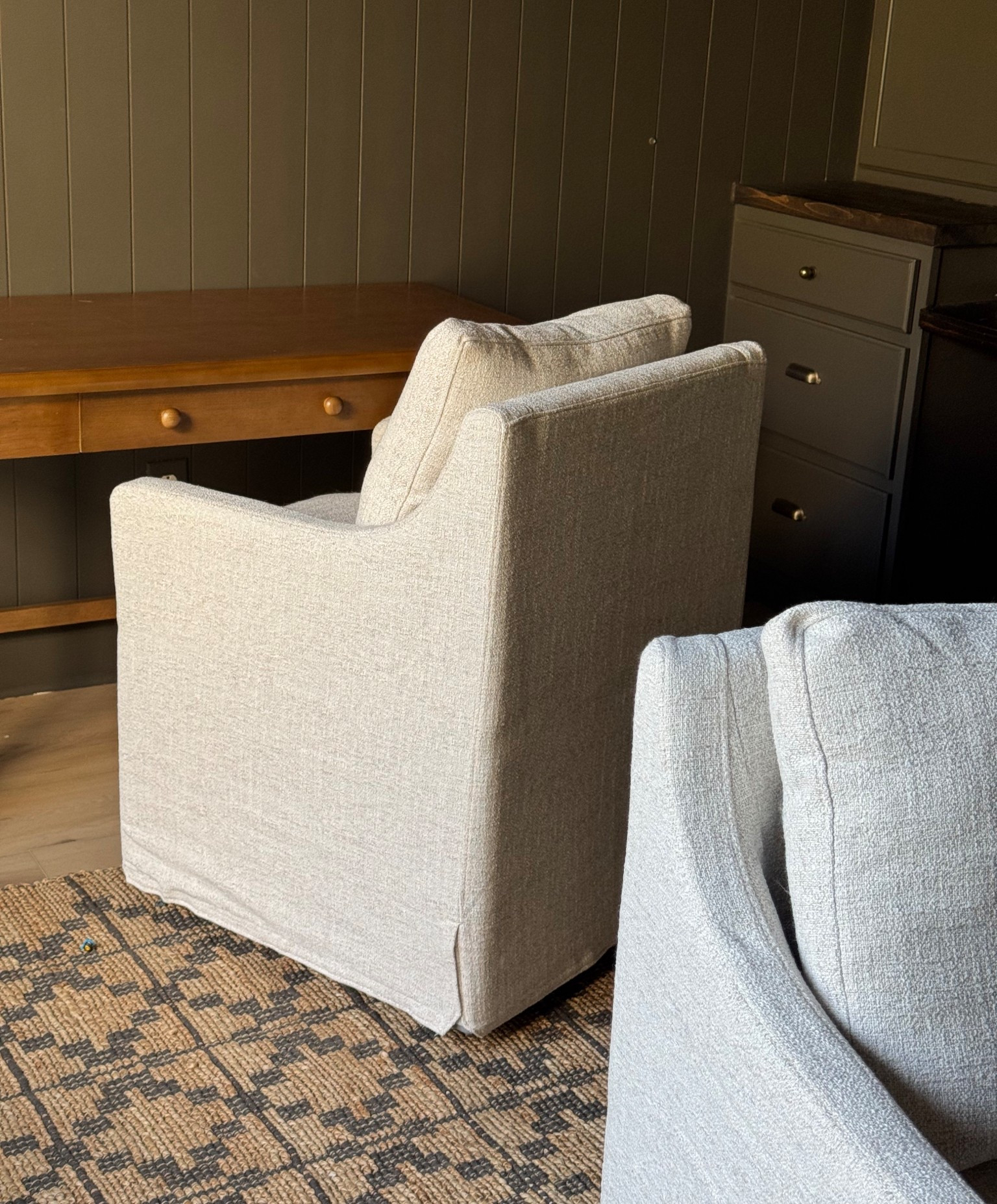 Upholstered chairs on casters with storage 
These are the LINEN color 

#LTKHome