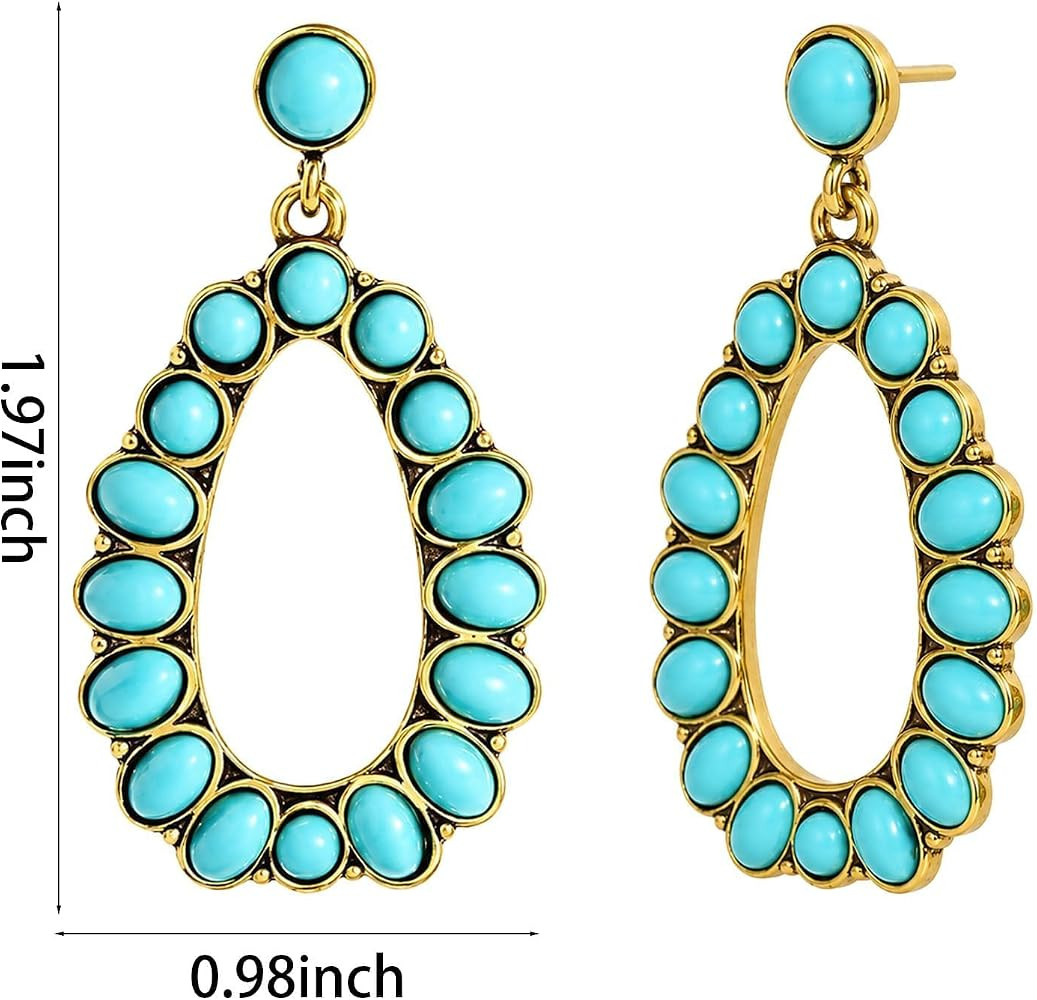 2 Pcs Turquoise Earrings for Women Gold-Tone Plated Base Western Style Flower Hollow Dangle Weste... | Amazon (US)