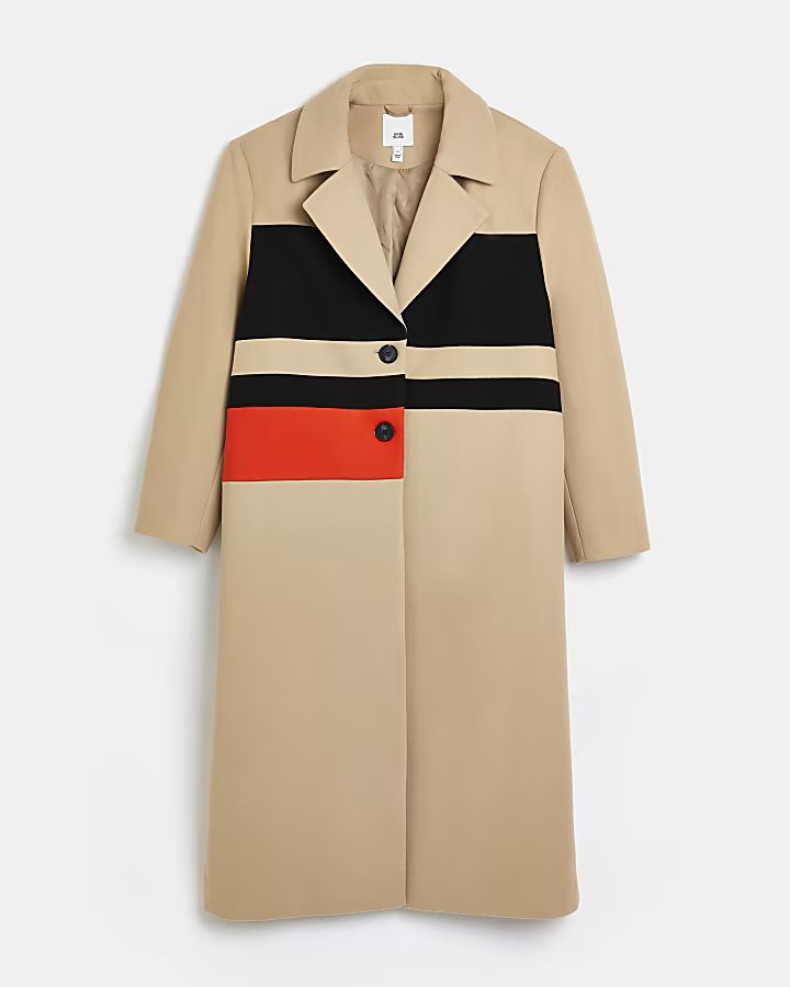 Camel double breasted longline coat | River Island (US)