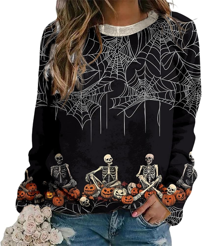 Funny Halloween Sweatshirt for Women Spooky Graphic Crewneck Long Sleeve Pullover Black Cat Fashi... | Amazon (US)