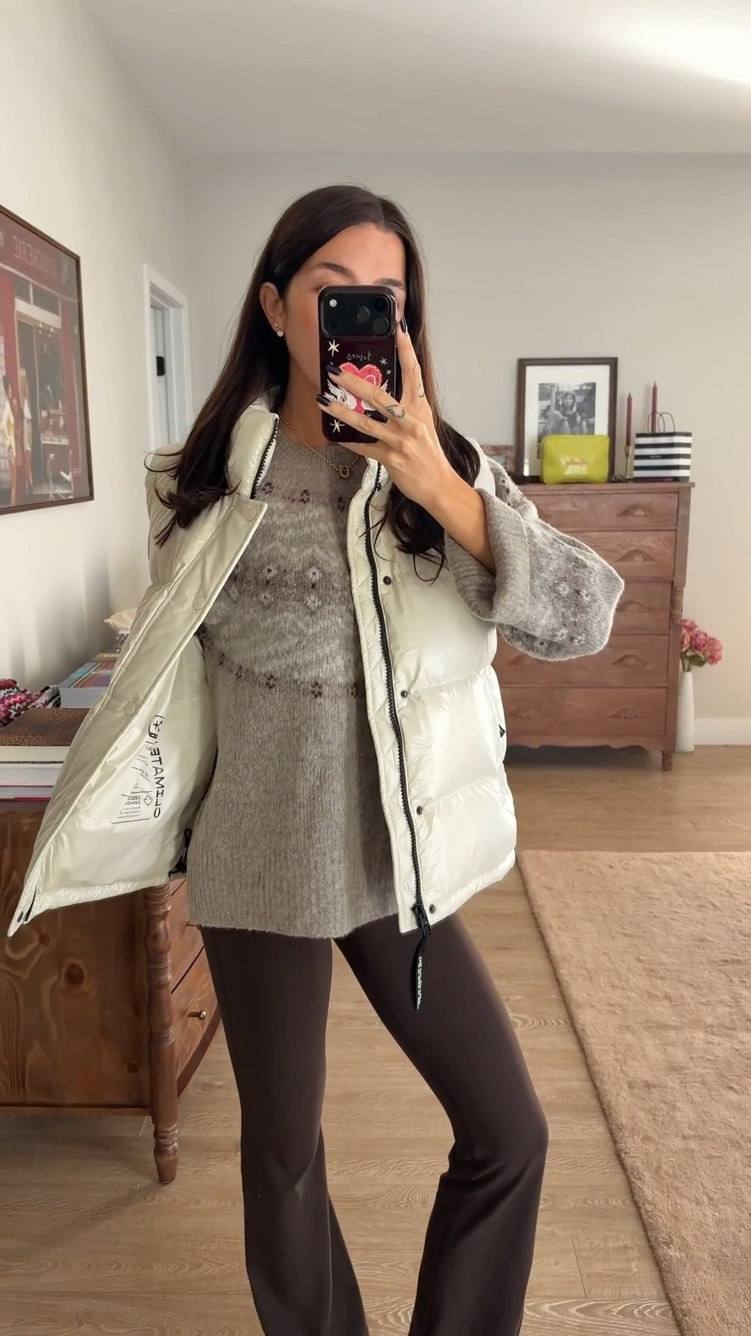 Styling the @Aritzia super puff vest for fall and winter outfits! S in Harlow Sweater, M in super puff vest in hi gloss, 2 in BUTTER foldover 32” leggings, and S in Vale Funnel Neck #AritziaPartner #Ad