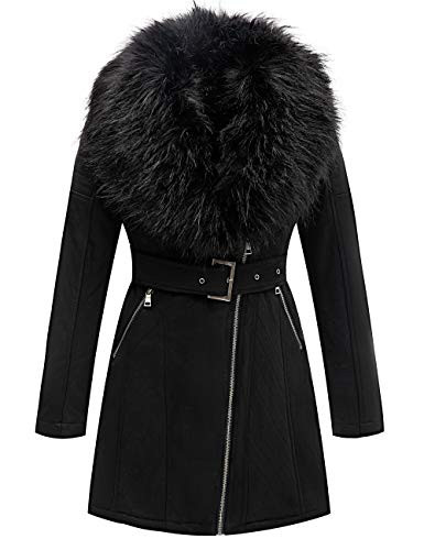 Bellivera Women's Pea Coat Faux Suede Leather Long Jacket Wonderfully Parka Outwear with Detachable Fur Collar 7923 Black L | Amazon (US)