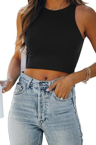 EFAN Womens Beach Vacation Clothes Outfits Crop Tops Workout Cute Racerback Cropped Tank Tops Summer Fashion Teen Girls Black 2XL | Amazon (US)