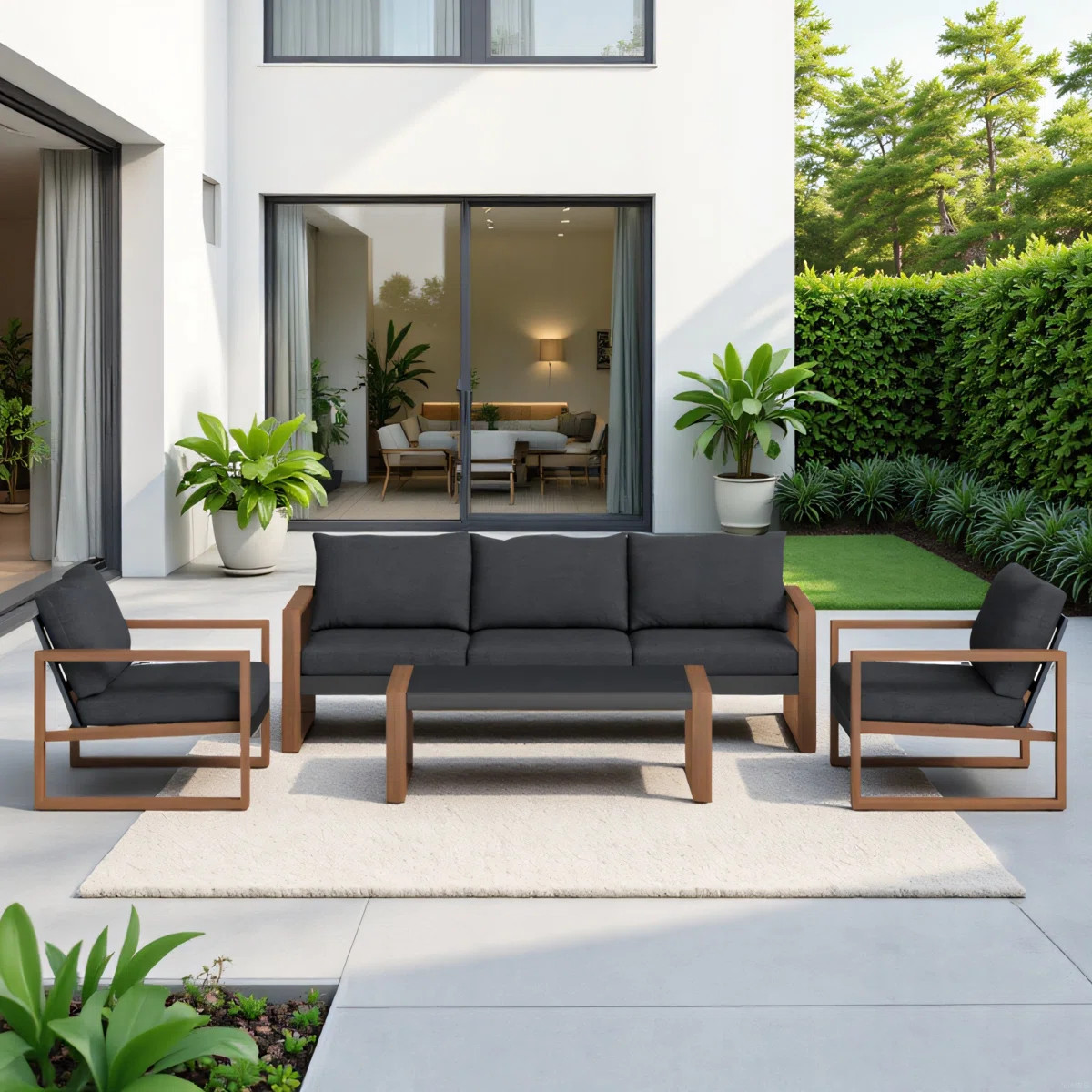 Arunas 4-Piece Steel Outdoor Conversation Set with Wood-Grain Pattern & Weather-Resistant Cushion... | Wayfair North America