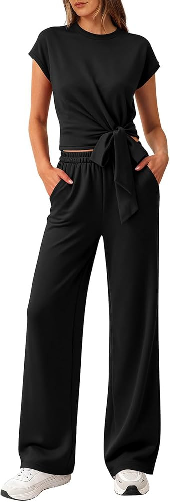 PRETTYGARDEN 2 Piece Matching Lounge Sets For Women Summer Short Sleeve Tie Front Crop Tops Casua... | Amazon (US)