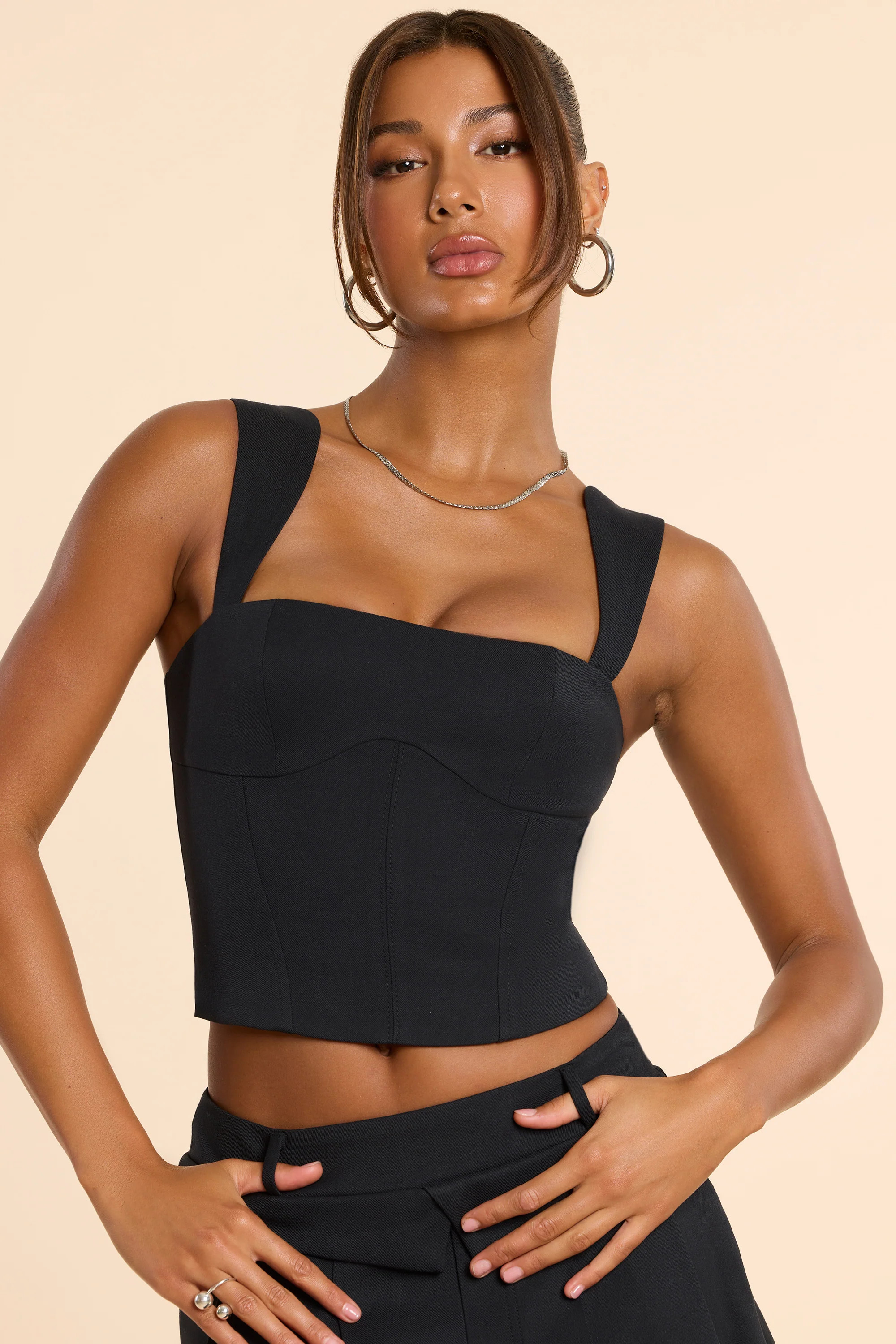 Brushed Twill Square Neck Tailored Top in Black | Oh Polly
