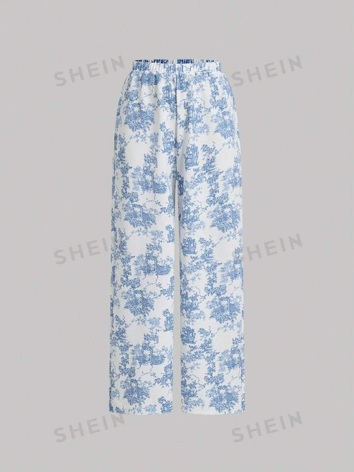 SHEIN MOD Women's Retro Court-Style Blue & White Botanical Print Wide Leg Pants | SHEIN USA | SHEIN