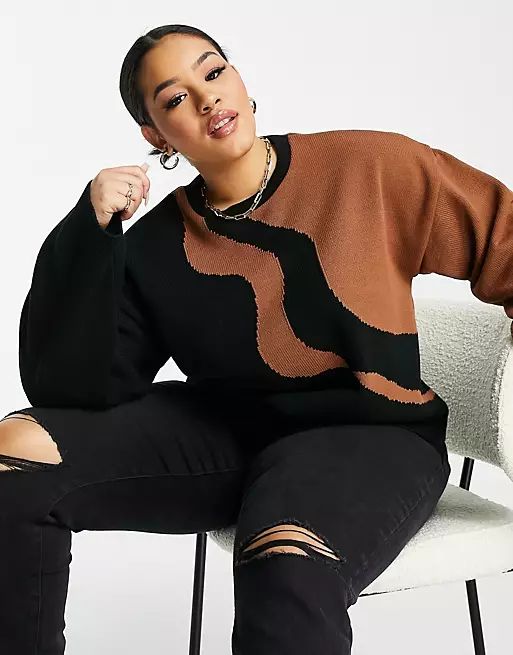 ASOS DESIGN Curve sweater with wave pattern in black | ASOS (Global)