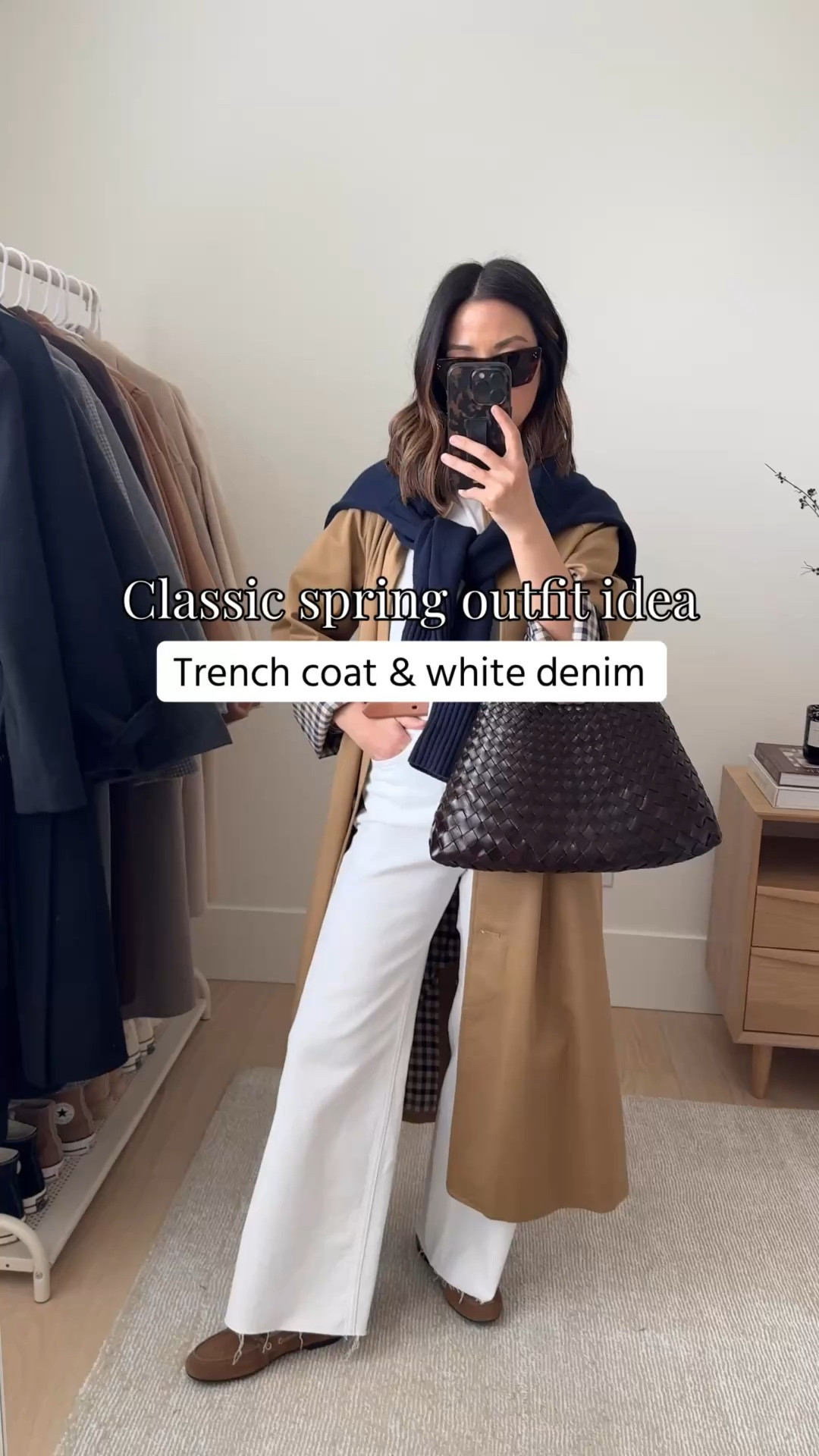 Classic spring outfit idea with white denim and a trench coat. 

Sezane trench 34
Everlane tee medium
Everlane jeans 25. Cut hems
Calvin Klein belt 
Everlane loafers 5.5
Everlane sweater xs
Dragon Diffusion Santa Croc Small
Celine Sunglasses

Spring style, petite style, spring fashion, white denim, trench coat 

#LTKSeasonal #LTKootd #LTKPetite