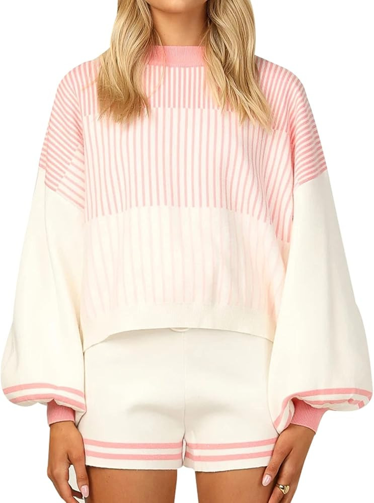 Yimoon Women' s Casual Striped 2 Piece Knit Outfits Long Lantern Sleeve Pullover Sweater Shorts S... | Amazon (US)